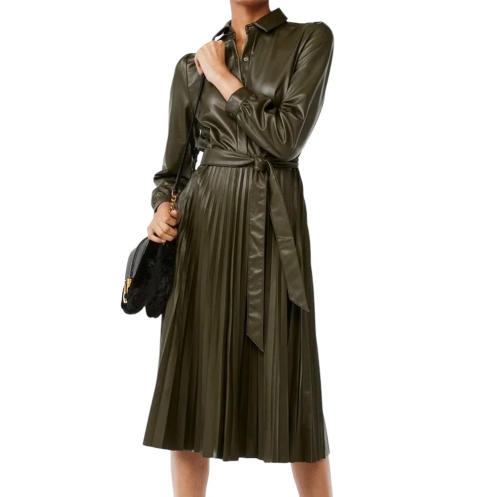 Olive Green Faux Leather Pleated Shirt Dress with Belt